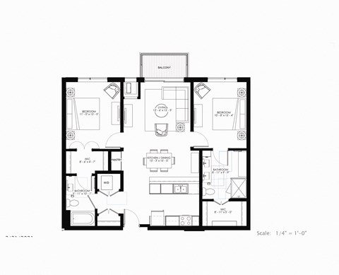 Floor plan for 2 beds, 2 baths, 1122 sqft